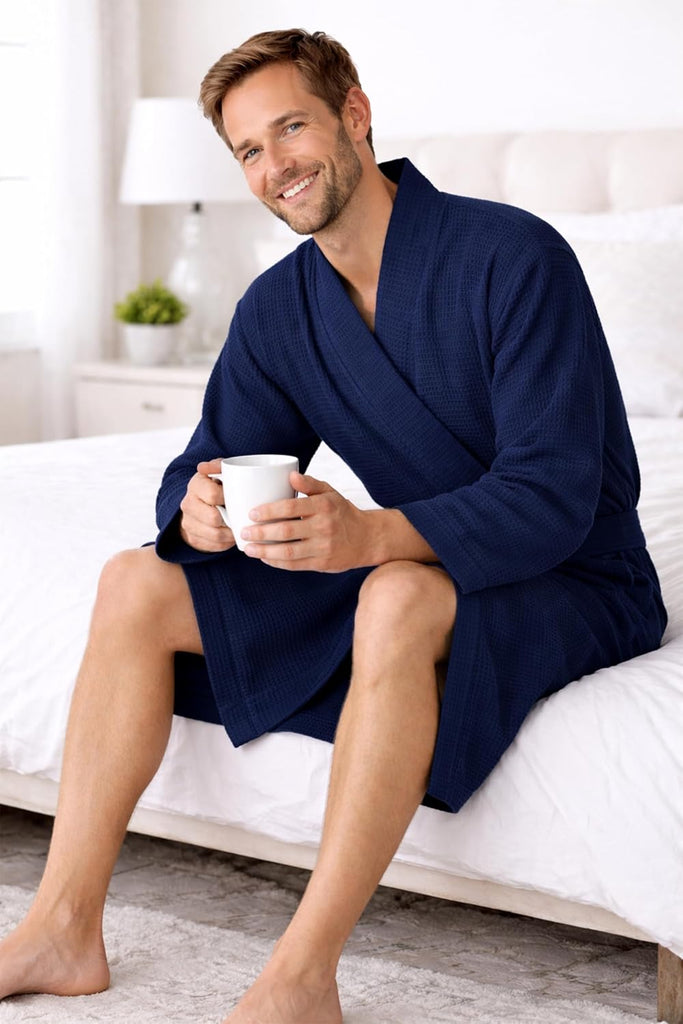 Men's Waffle Bathrobe Lightweight Kimono Spa Robe - Quick Dry Bath & Shower Robe for Men with Pockets