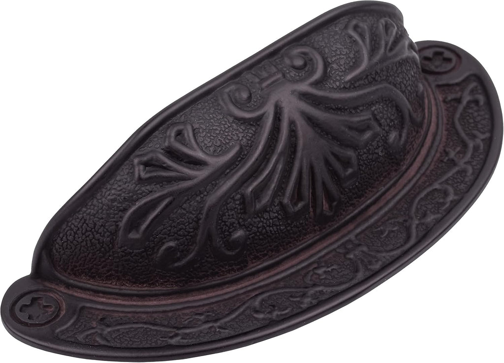 Oil Rubbed Bronze Baroque Scroll Work Cup Pull - Centers: 2 1/2" - Antique Cabinet, Vintage Cupboard, Old Desk