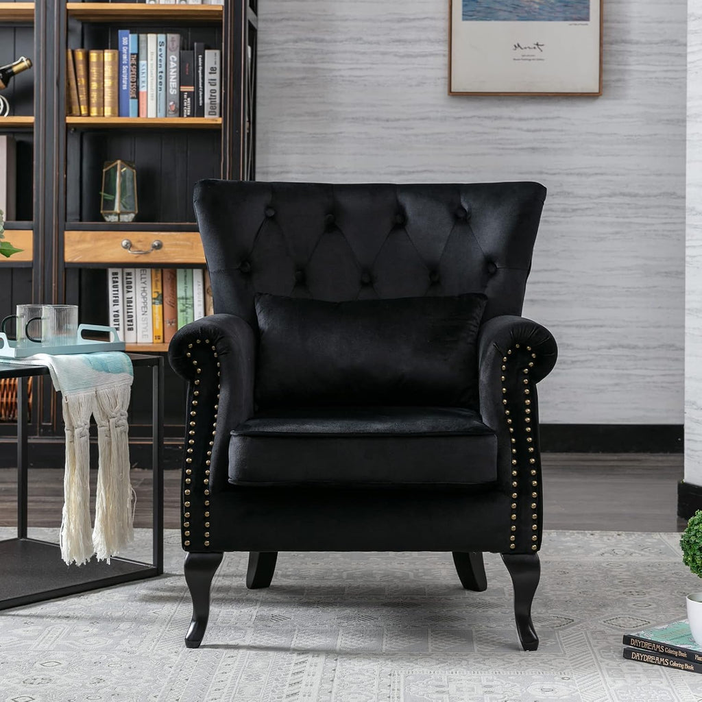 Mid-Century Modern Accent Chair Comfy Tufted Single Sofa Chair Wingback Armchair with Pillow for Club, Living Room
