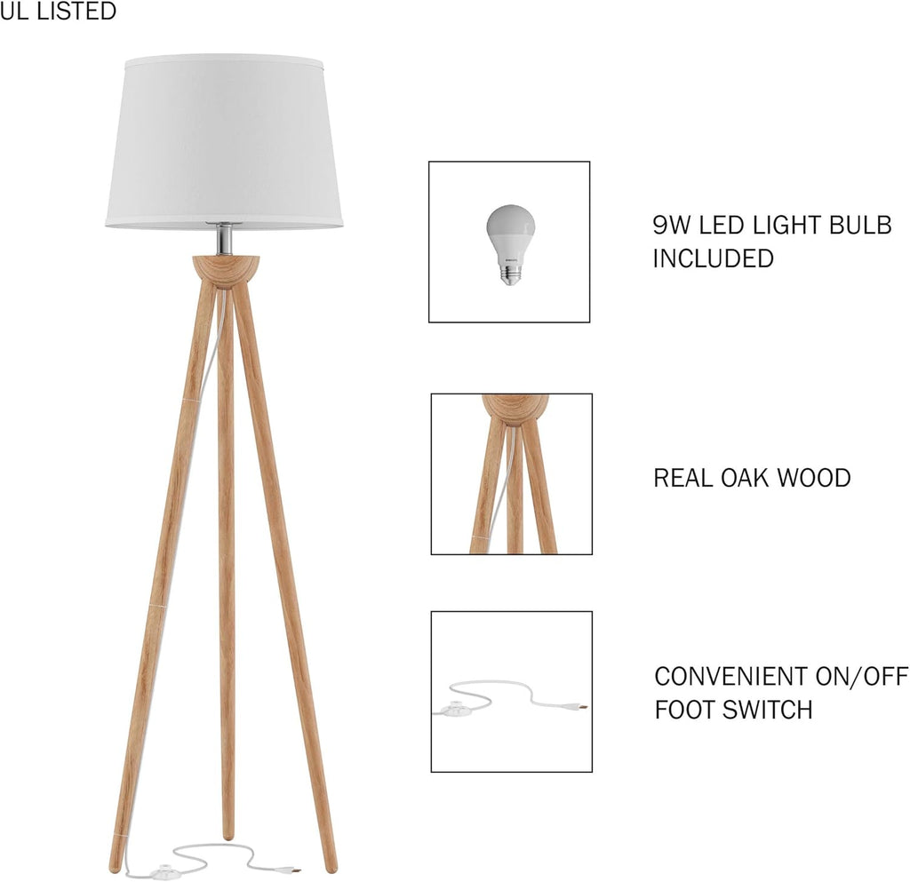 Tripod Floor Lamp - Mid-Century Modern Décor Light with LED Bulb and Natural Oak Wood Base