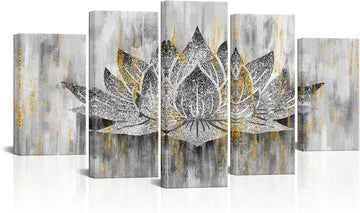 5 Panel Lotus Flower Wall Art Trendy Silver Golden Flower Painting Canvas Prints Zen Lotus Picture Artwork Yoga
