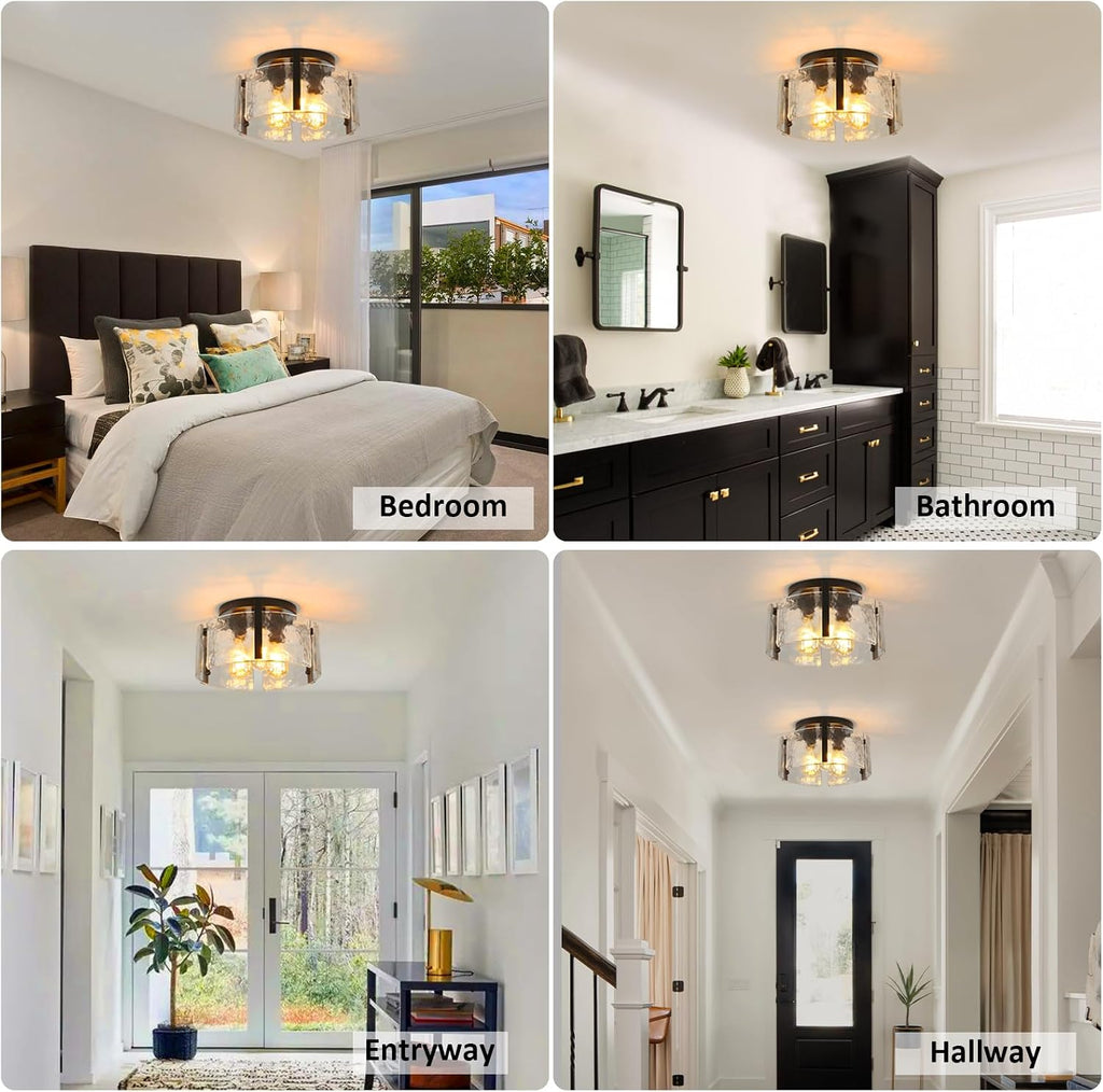 Black Semi Flush Mount Ceiling Light Fixture, 3-Light Modern Hallway Light Fixtures Ceiling Mount, Foyer Kitchen