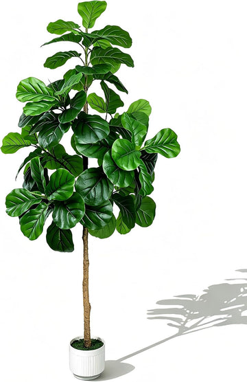 6FT Fiddle Leaf Fig Artificial Tree, Silk Fake Ficus Tree with White Planter, Indoor Faux Fiddle Leaf Fig Tree