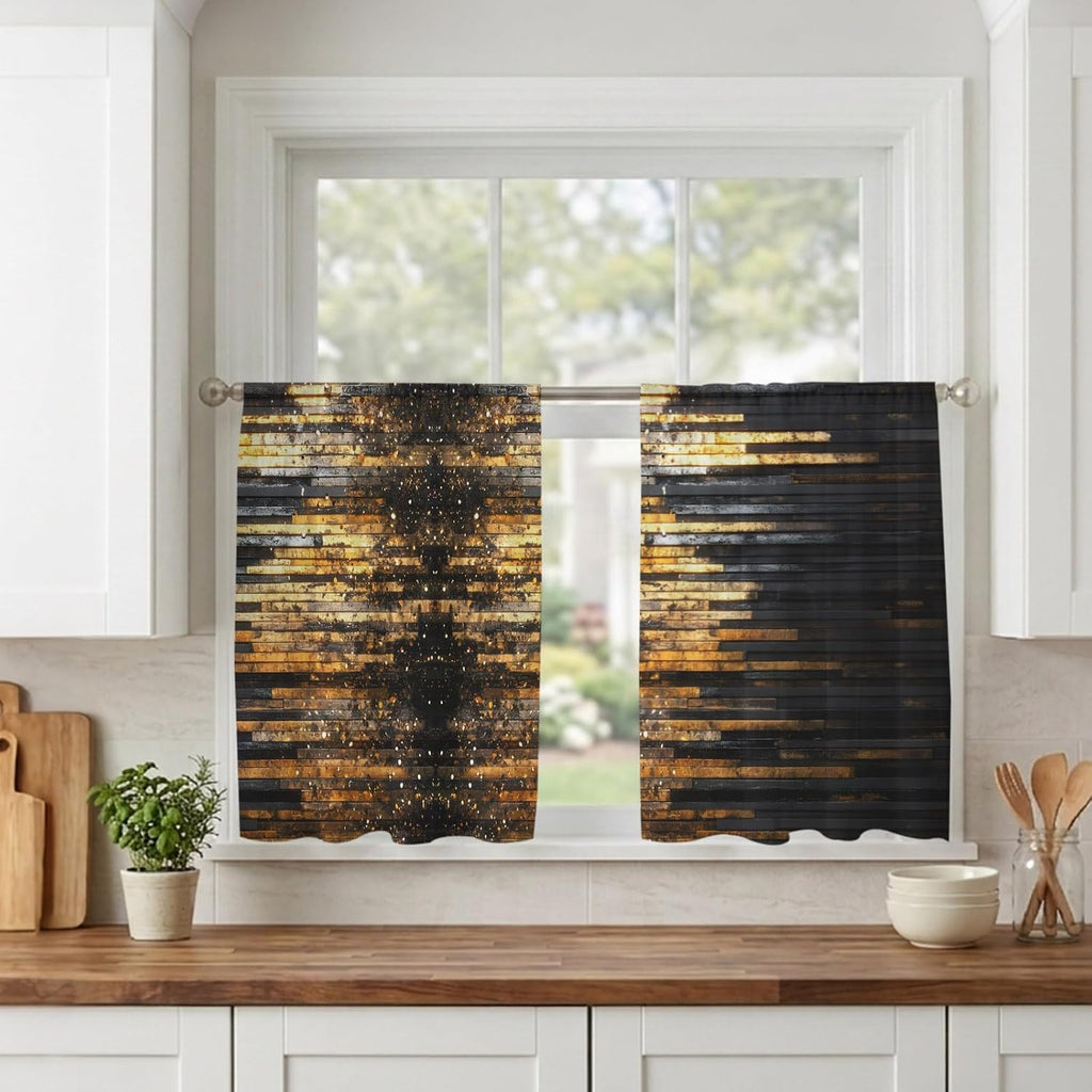 Sheer Curtains 45 Inches Long, Luxury Golden Black Light Filtering Window Curtains, Geometric Art Deco Modern Rod