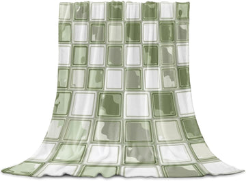 Coastal Aesthetic Throw Blanket Boho Sage Green Squares Mosaic Flannel Cozy Soft Warm Fleece Blankets, 50 x 60 inch