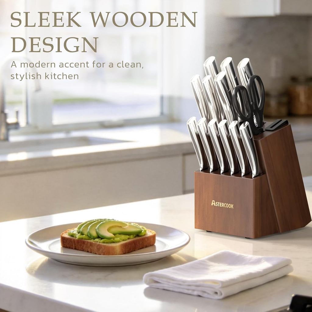 Knife Set, Kitchen Knives Set with Block and Sharpener Full Tang 15 Pcs Stainless Steel Knives, Dishwasher Safe Knife