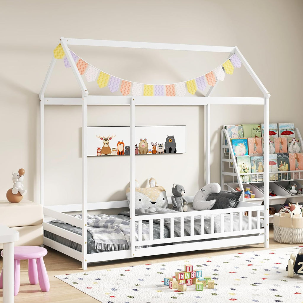Twin Size Floor House Bed, Wooden Montessori Bed with Roof & Full-Length Safety Guardrail, Floor Playhouse Bed Frame