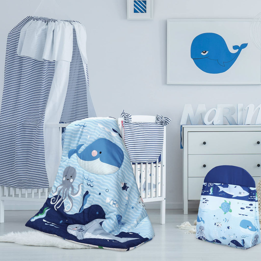 4 Pieces Baby Crib Bedding Set, Standard Nursery Size Soft, Whale