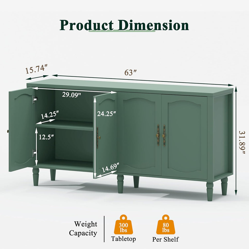 63" Sideboard Buffet Cabinet with Storage, Mid Century Modern Credenza with Adjustable Shelves & Carved Handle