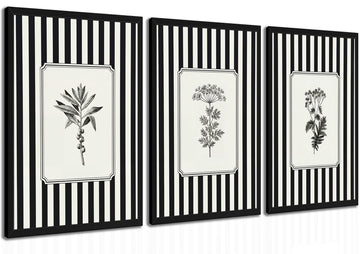 Framed Vintage Botanical Wall Art Black White Stripe Floral Bathroom Decor
