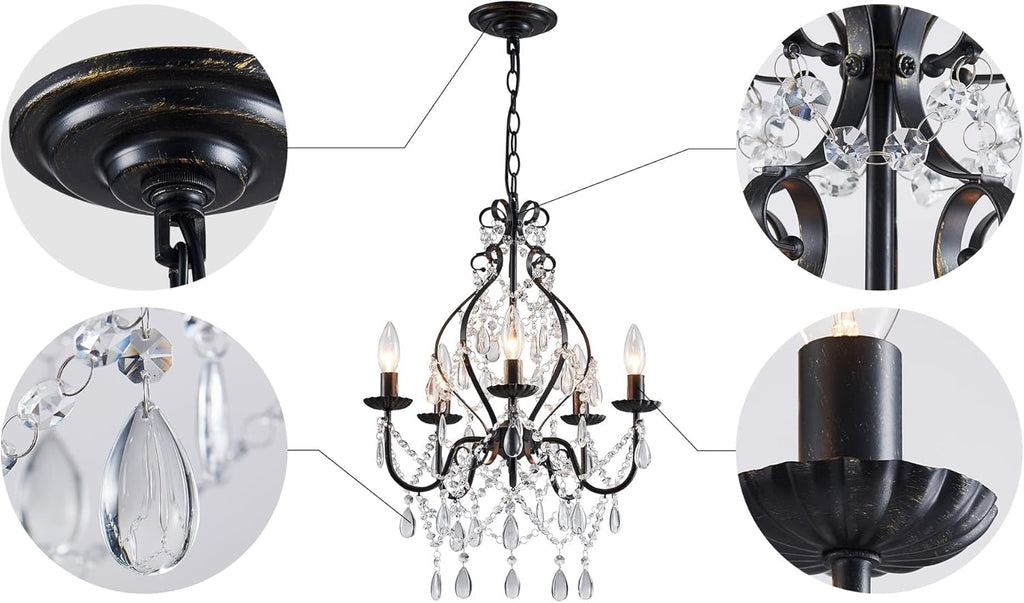 5-Lights Crystal Chandelier, Farmhouse Pendant Light Fixtures, H24 x D17,Chain Adjustable Max 59", Black Finish