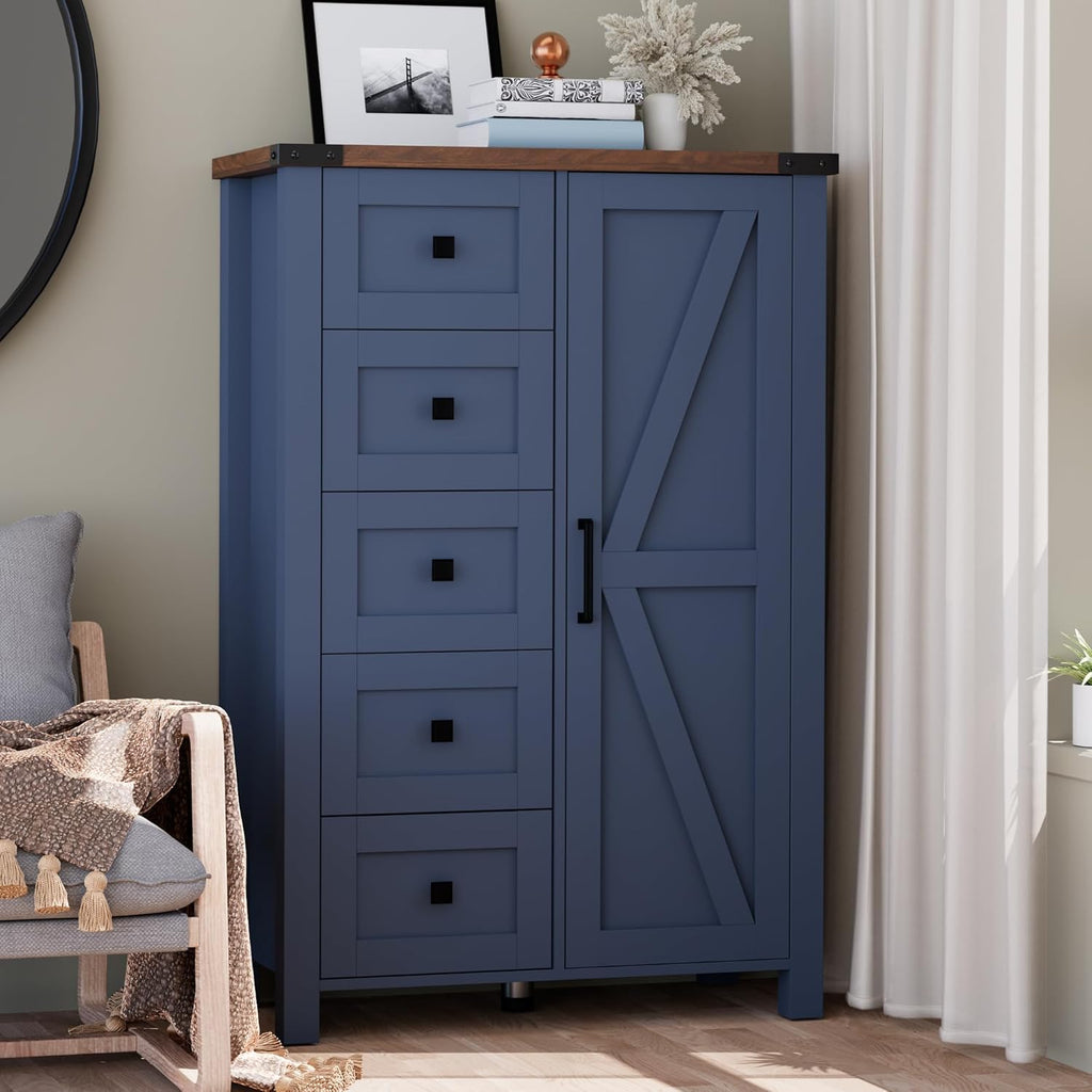 Farmhouse Tall Dresser Chest of Drawer , 5 Drawer Storage Cabinet with Barn Door, 48 Inch Tall Wood Dresser