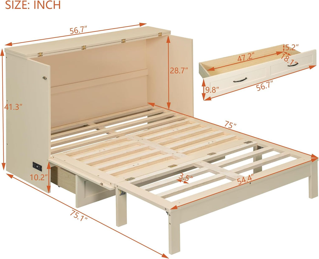 Full Murphy Bed, Wood Full Murphy Bed with Large Drawers, Gold