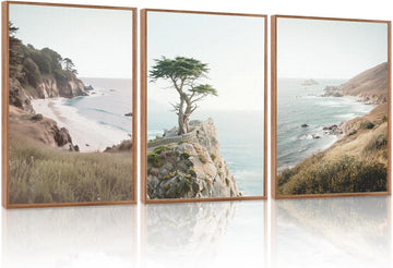 Coastal Seascape Framed Canvas Wall Art set of 3(12"X16")beauty steep Cliffs Beach Wall Decor,coastal palm tree