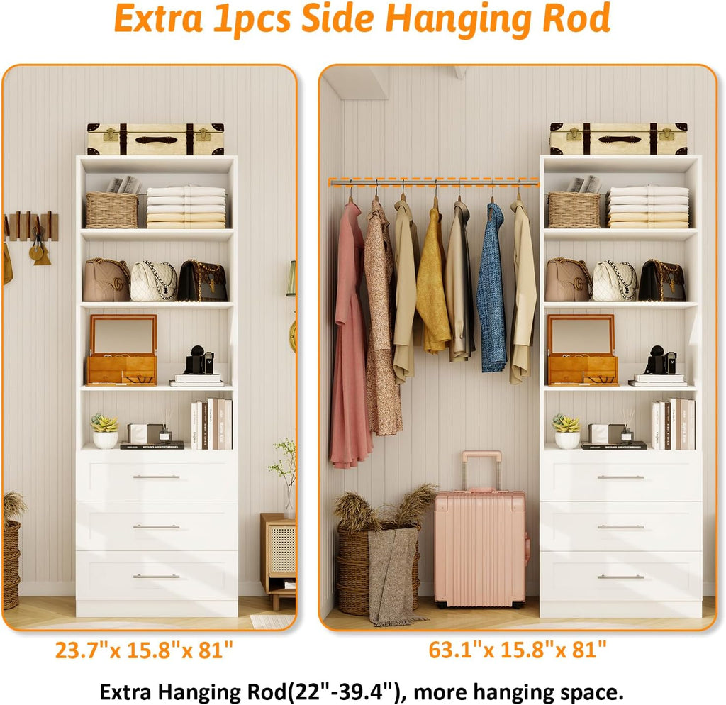 Closet System with 3 Drawers & 4 Shelves, Wood Closet Organizer System with 1 Extra Hanging Rod for Walk in Closet