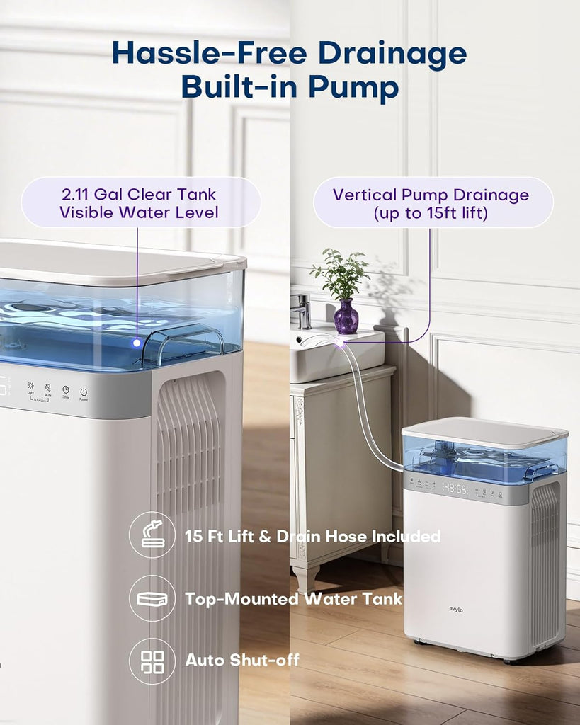 Dehumidifier for Basement with Pump, 2.11 Gallon Top-Mounted Water Tank, Max 90 Pint/D