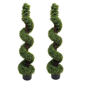 2 x Artificial Premium Quality Topiary Boxwood Spiral Trees in Black Pot for Indoor Outdoor Decor, UV Stable