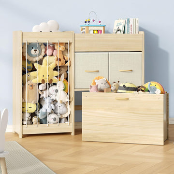 Toy Storage Organizer with Stuffed Animal Holder, Solid Wood Kids Toy Shelf with 2 Drawers, Rolling Toy Chest and Top
