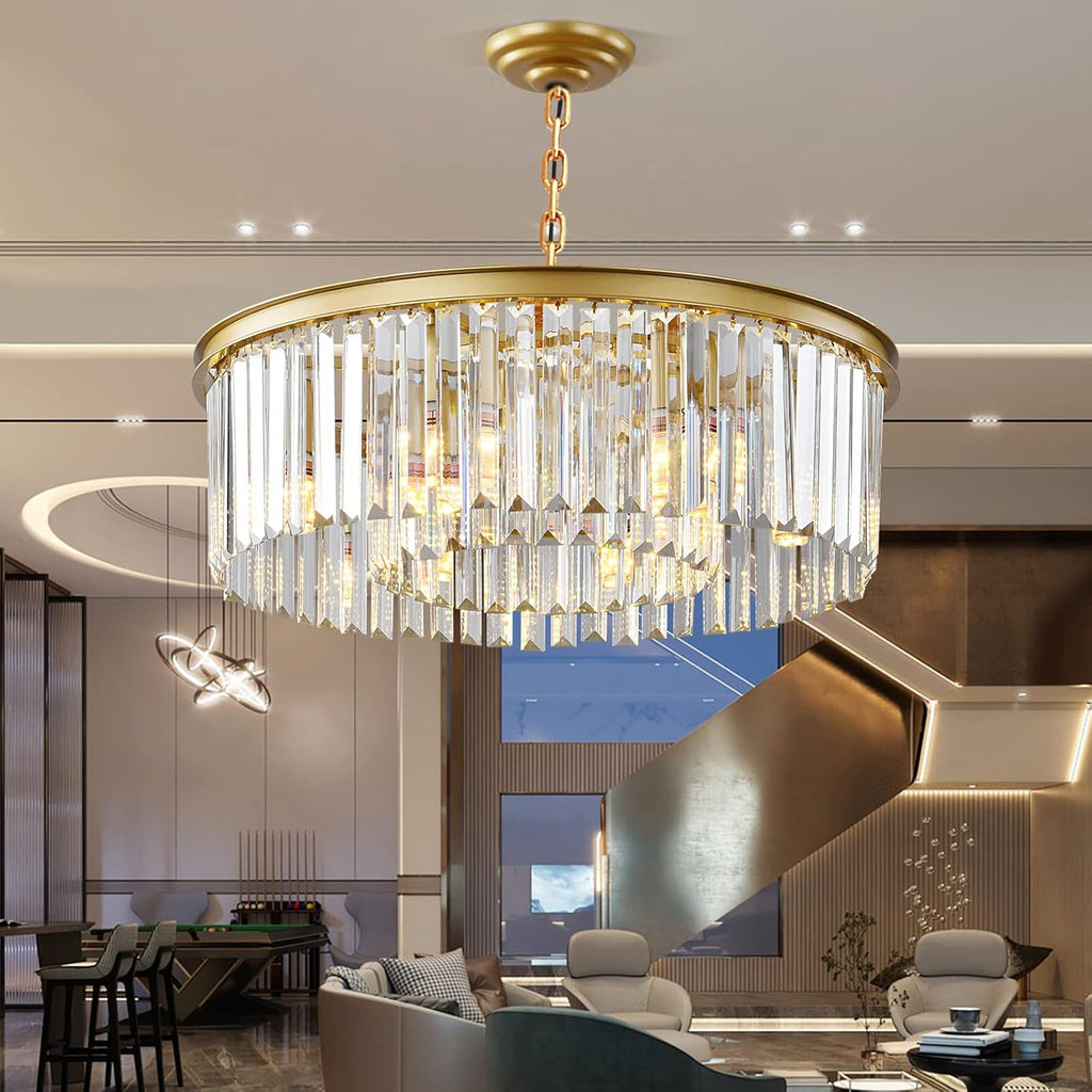 Gold Modern Crystal Chandelier, 2-Tier Round Flush Mount Ceiling Light Fixtures Height Adjustable Pendant Lighting