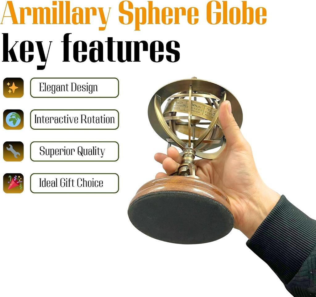 Armillary Sphere Globe with Celestial Engravings, Compass at Center for Authentic Navigation, and a Sturdy Elegant