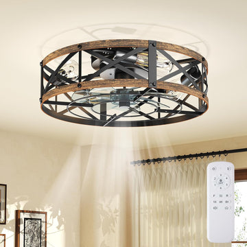 Ceiling Fans with Remote, Farmhouse Ceiling Fan, 19 Inch Low Profile Caged Fandelier, Flush Mount with 6 Wind Speeds