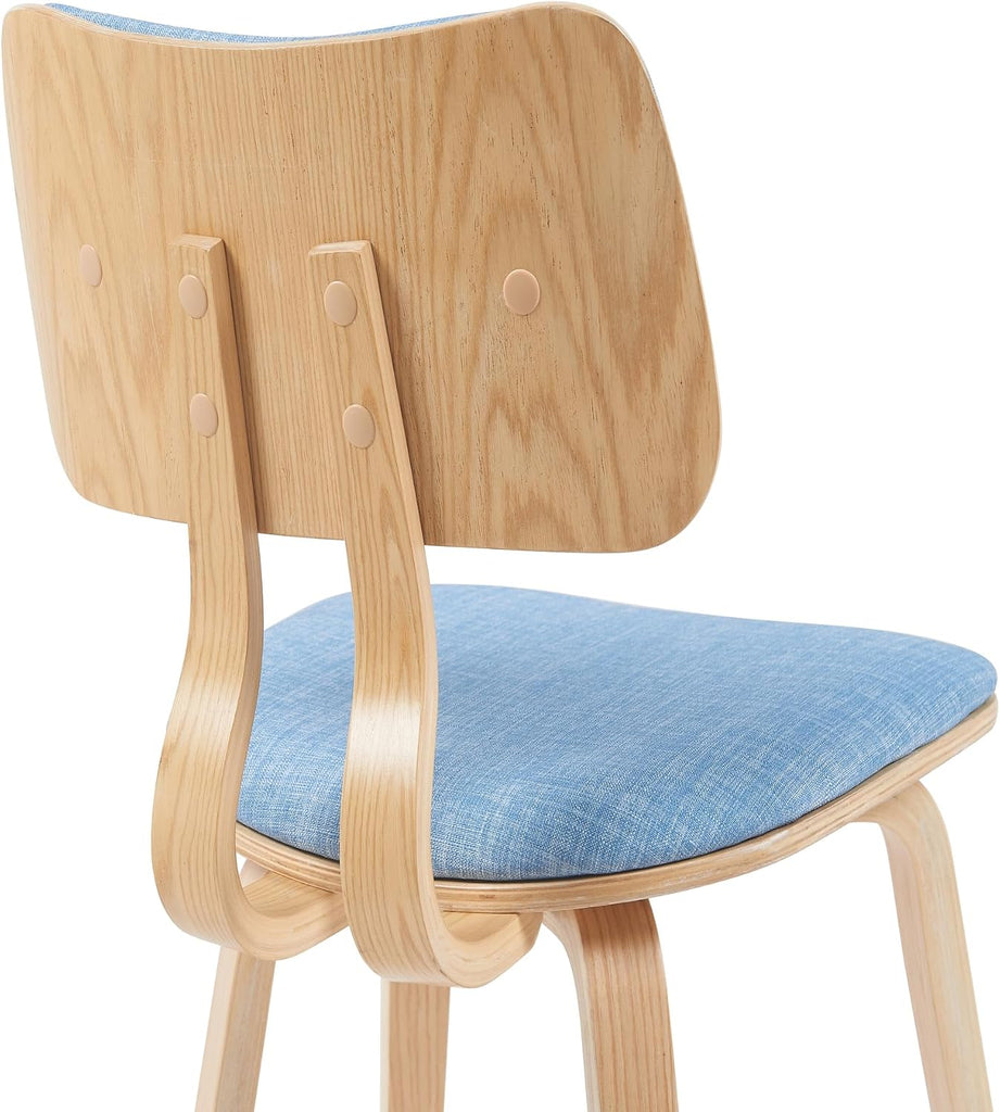 Mid-Century Dining Chair with Light Blue Fabric Upholstered Seat and Patterned Oak Wood Finish