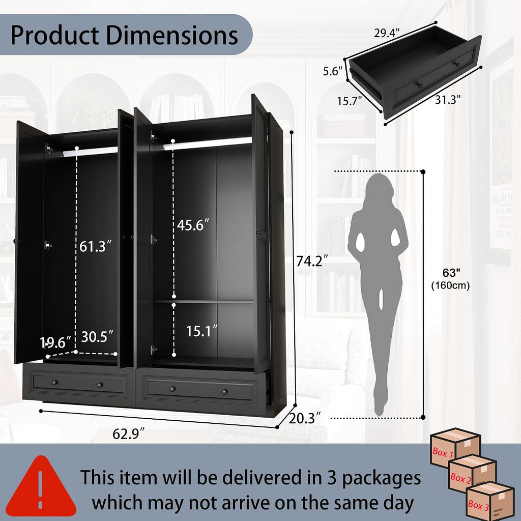 Armoire Wardrobe Closet with Drawers: 74" Black Tall Wardrobe Cabinet with Hanging Rod, Wooden Closet with 4 Doors