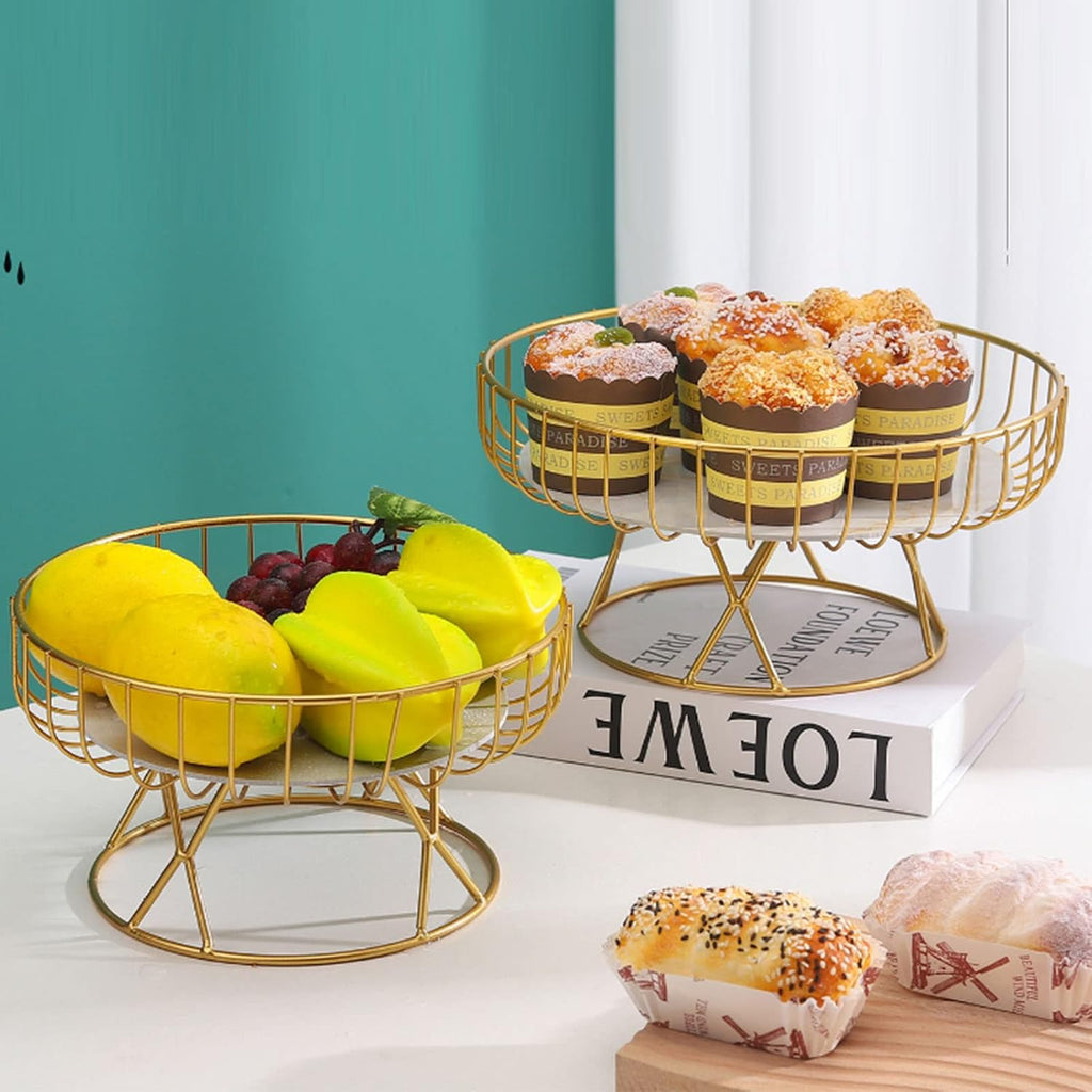 Metal Wire Fruit Basket, 9 inch Pedestal Fruit Bowl with Marble Tray, Decorative Iron Wire Bread Snacks Holder