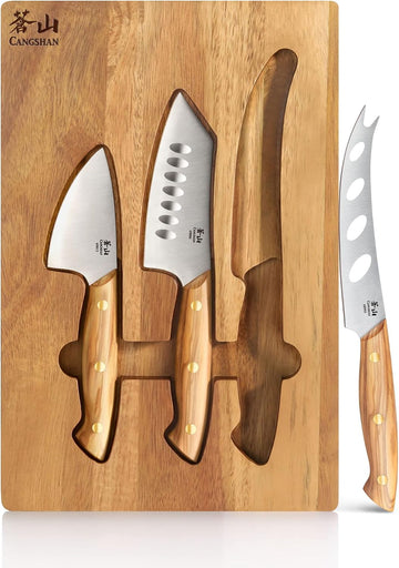 3-Piece Olive Wood Cheese Knife Set with Acacia Cheese Board