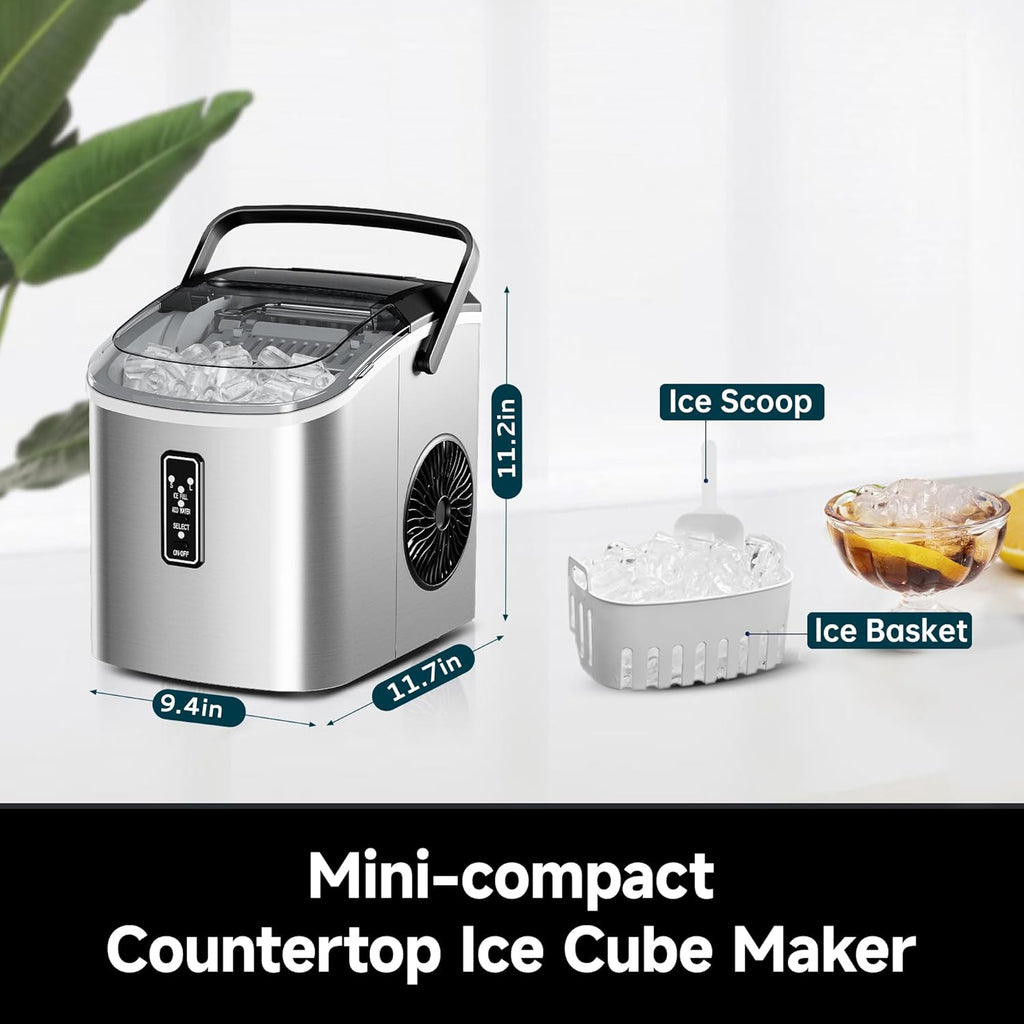 Ice Maker Countertop with Carry Handle, 9 Cubes Ready in 6 Mins, 26.5lbs/24H, Self-Cleaning, 2 Sizes of Bullet Ice