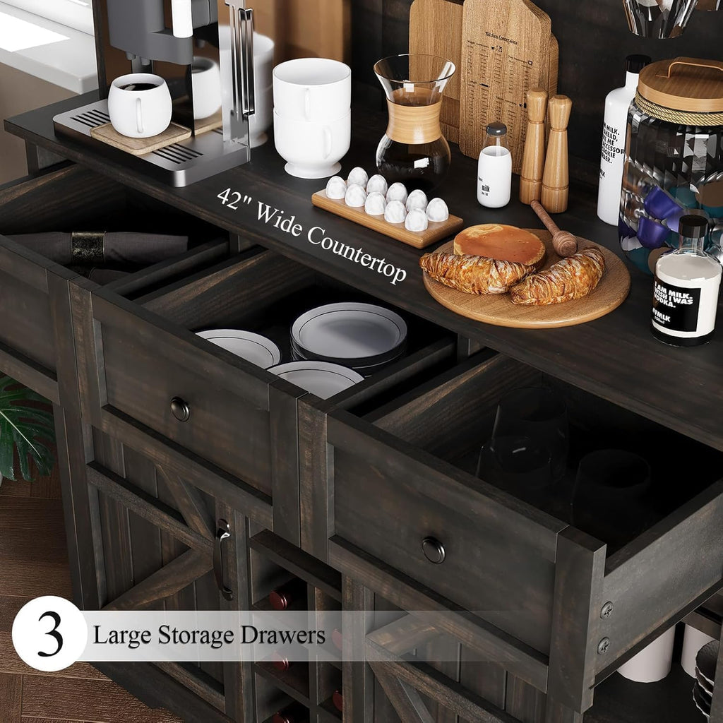 72 Inch Tall Farmhouse Coffee Bar Cabinet with Storage, Rustic Oak