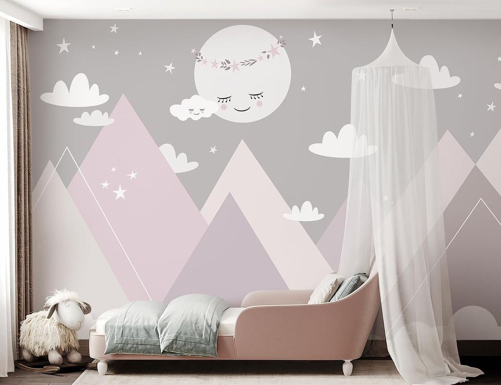 119.6x83inch Large Cartoon Geometric Mountain Wallpaper White Moon and Clouds Wall Decor Decals Murals Peel and Stick