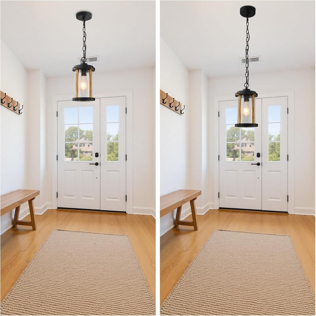 Outdoor Pendant Light for Porch, Black Farmhouse Wood Grain Finish Outdoor Chandelier with Clear Seeded Glass