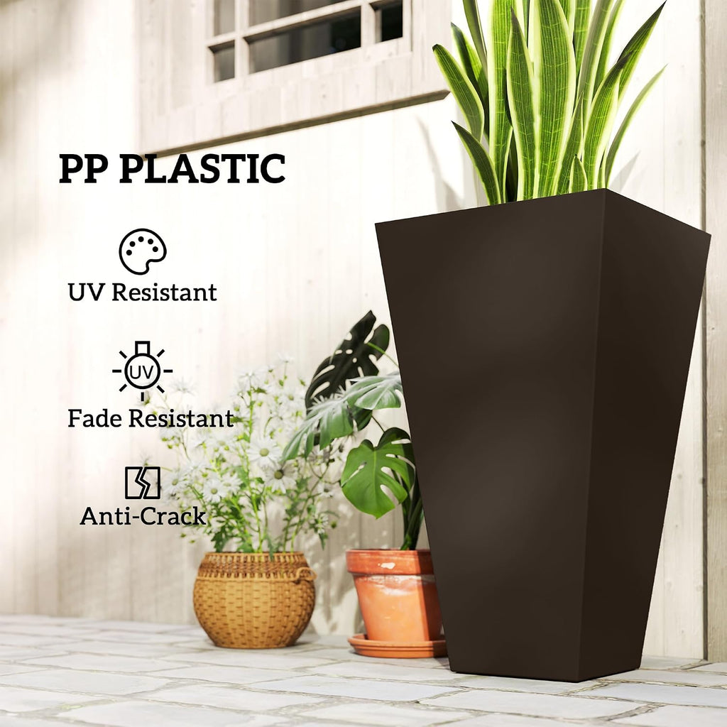 28 in Tall Planters for Outdoor Plants, Set of 3, Brown | Drainage Holes, Taper Indoor Grande Plant Pots, Front Porch