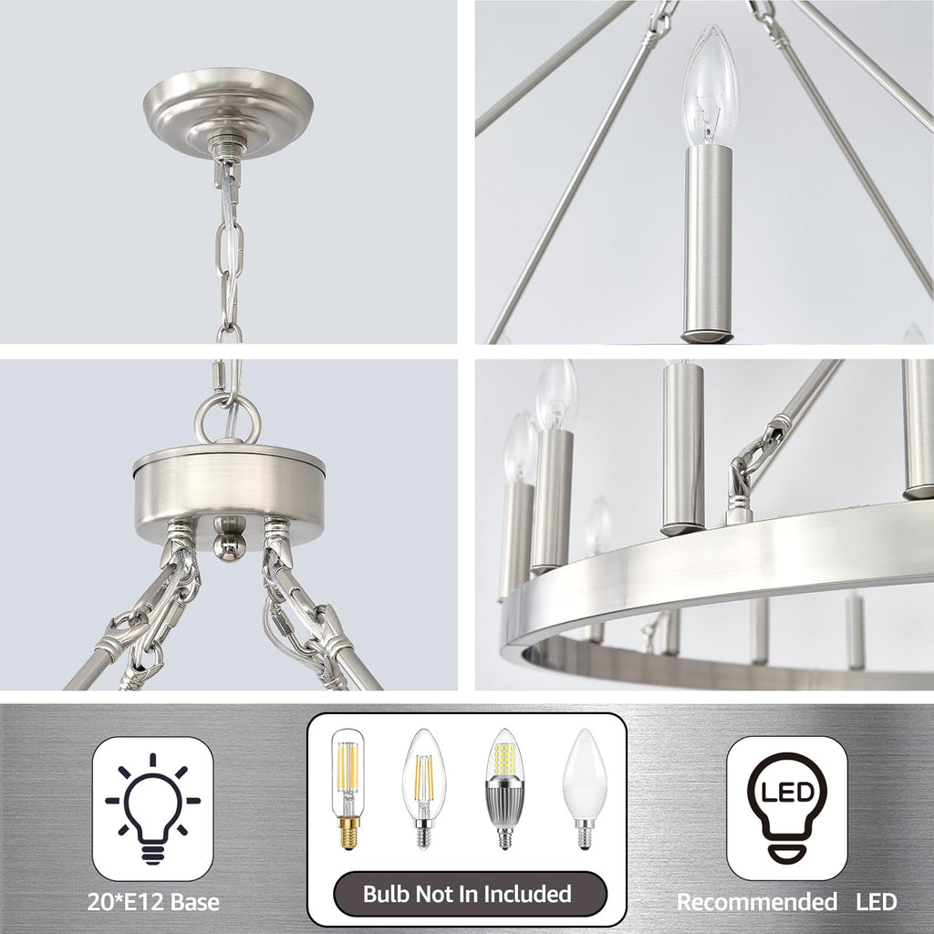 Inspired Camino Style Chandelier - Silver Wagon Wheel Chandelier 40", Farmhouse Brushed Nickel Chandelier for Dining Room 20-Light, Modern Round Living Room Chandeliers Light Fixture for Foyer, Entryway, E12
