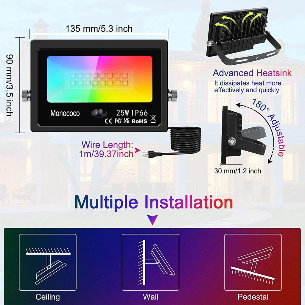 Upgraded LED Flood Light Outdoor 25W 4 Pack, DIY Color Changing Christmas Lights Outdoor Patio Floodlights with