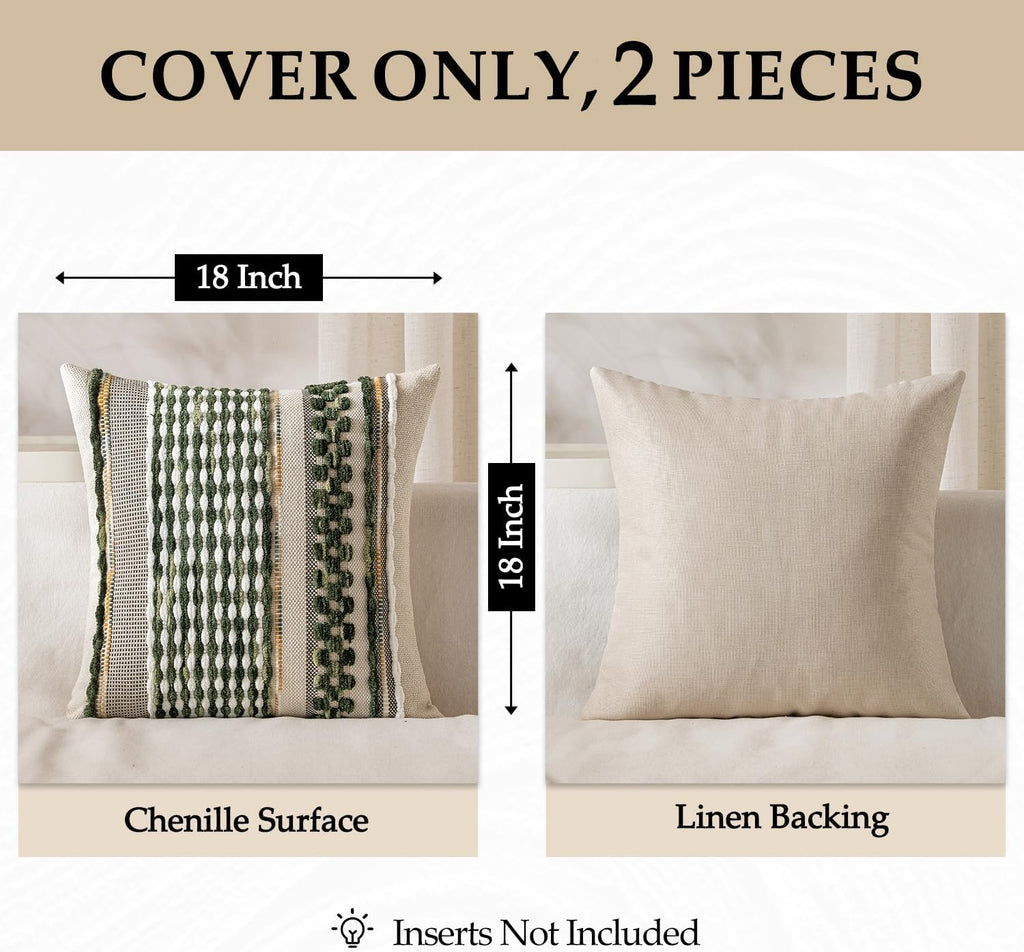 Pack of 2 Boho Decorative Throw Pillow Covers 18x18 Farmhouse Cushion Case Striped Chenille Pillow Cases Square