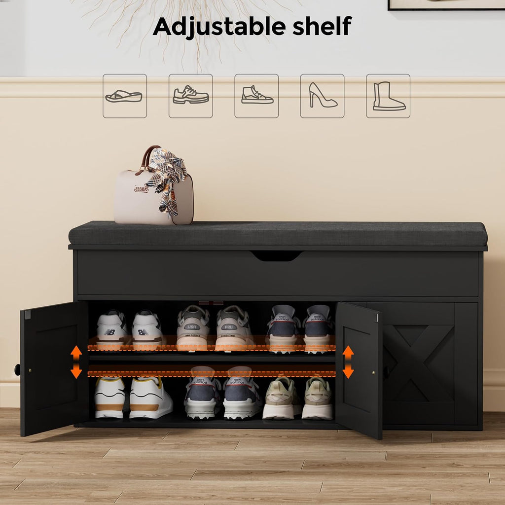Shoe Storage Bench with Lift Top & 3 Barn Doors, Entryway Bench with Removable Cushion, Adjustable Shelf, Hidden