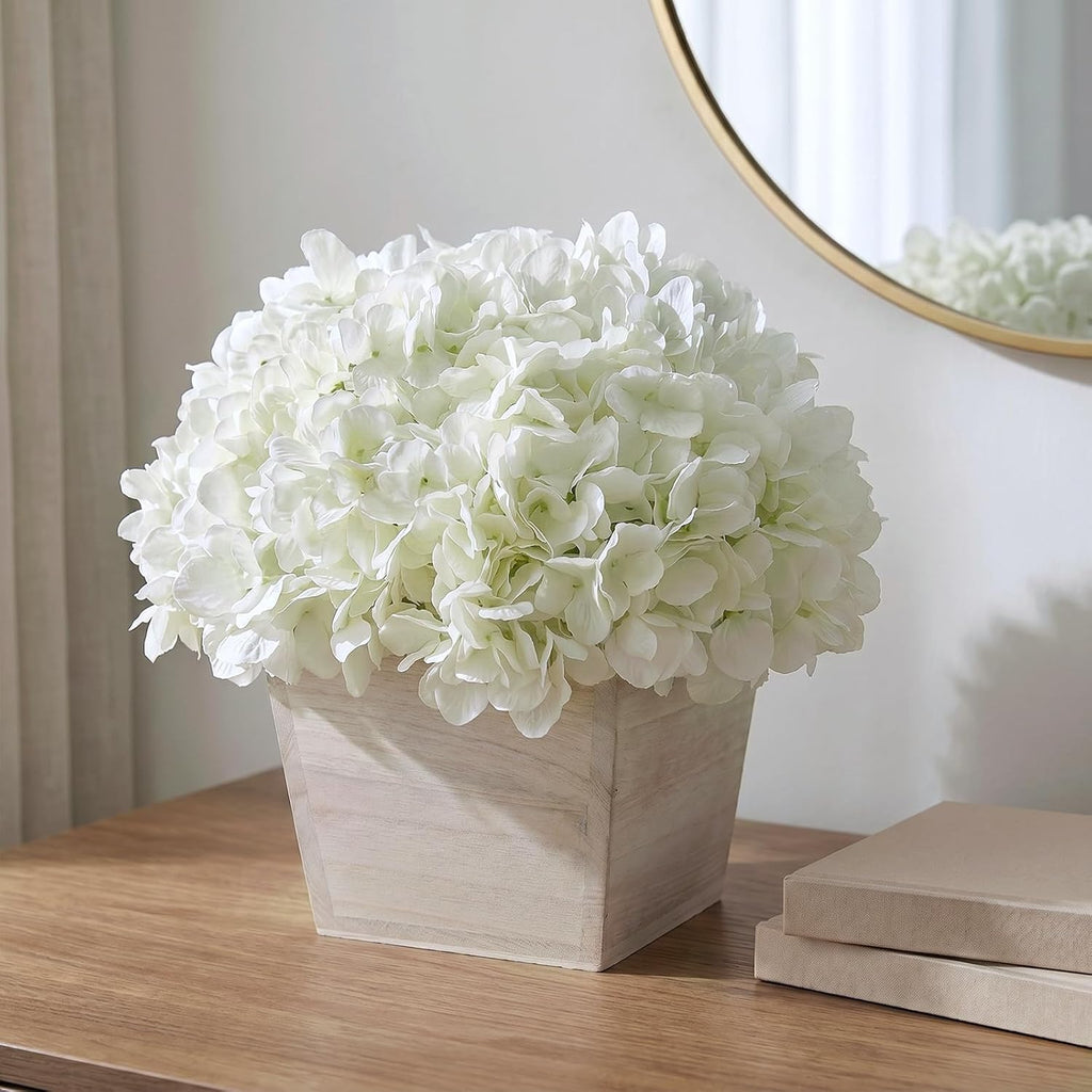 10" Artificial Hydrangea Flower in Planter for Table Centerpiece(White) | No Assembly Needed, Silk Faux Flowers in