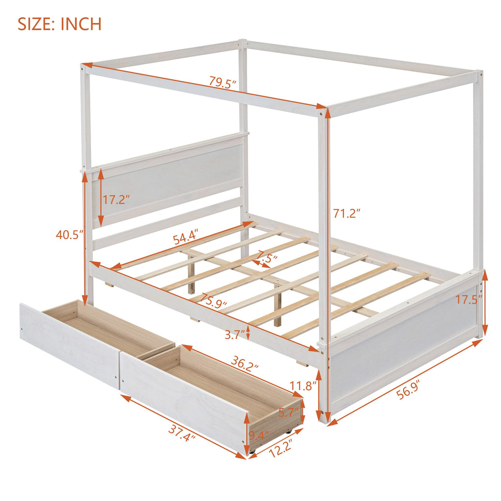 Full Size Canopy Platform Bed with 2 Drawers, Wooden Bed Frame with Support Slats, No Box Spring Needed, Brushed White