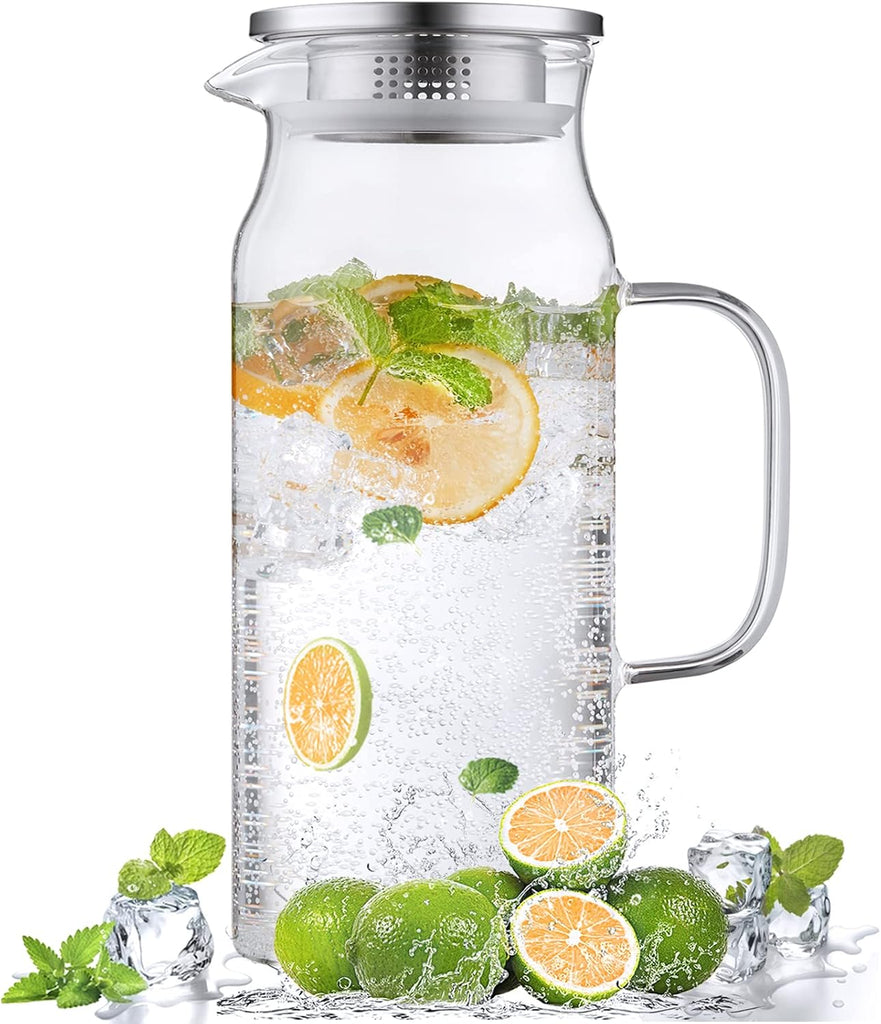 2 Liter 68 oz Glass Pitcher with Lid and Handle, Glass Carafe for Hot/Cold Water, Large Iced Tea Pitcher for Coffee