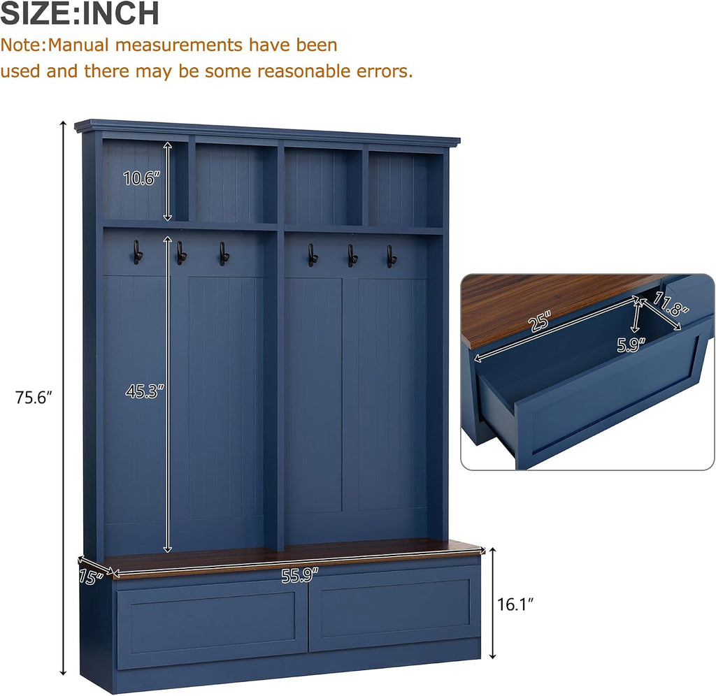 Wood Hall Tree with 6 Hooks & Entryway Bench, Farmhouse Mudroom Versatile Coat Racks with 2 Large Drawers, Entrance