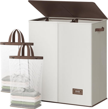 Luxury Double Laundry Hamper with Lid and Removable Bags, 38.3 Gal Large Laundry Bin, Laundry Basket 2 Sections