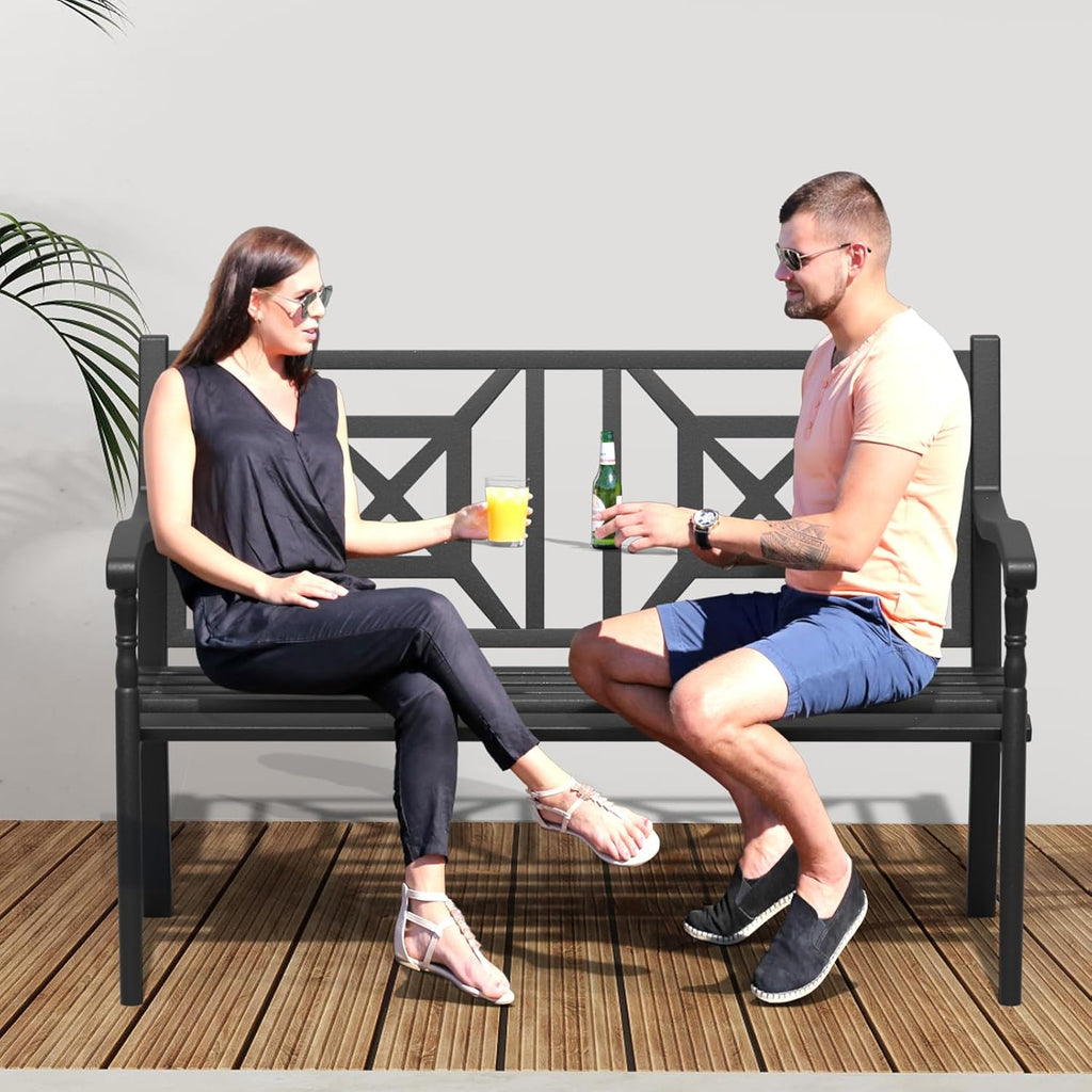 50'' Outdoor Bench, Garden Bench, Outdoor Metal Frame Patio Park Bench with Backrest and Armrests,for Porch