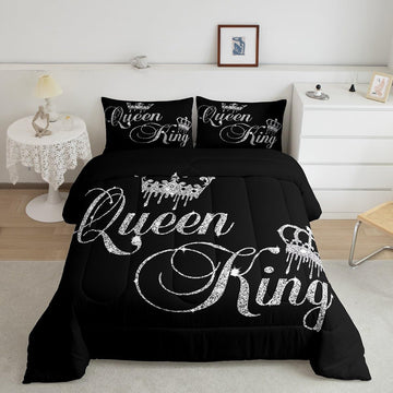 Crown Queen and King Couple Comforter Sets His and Hers Bedding Set for Teens Women Men Black Grey Twin,Lover