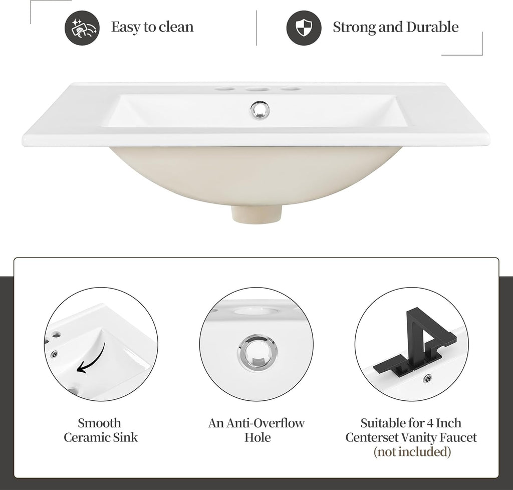 24" Modern Bathroom Vanity with Rectangular Ceramic Sink - Freestanding Vanity Cabinet
