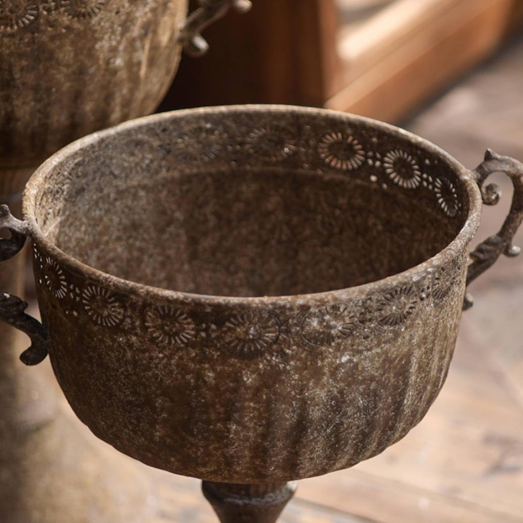 Outdoor Trophy Vase Antique Pedestal Planter Urn Flower Pot with Textured Stone Finish Iron Construction Stable