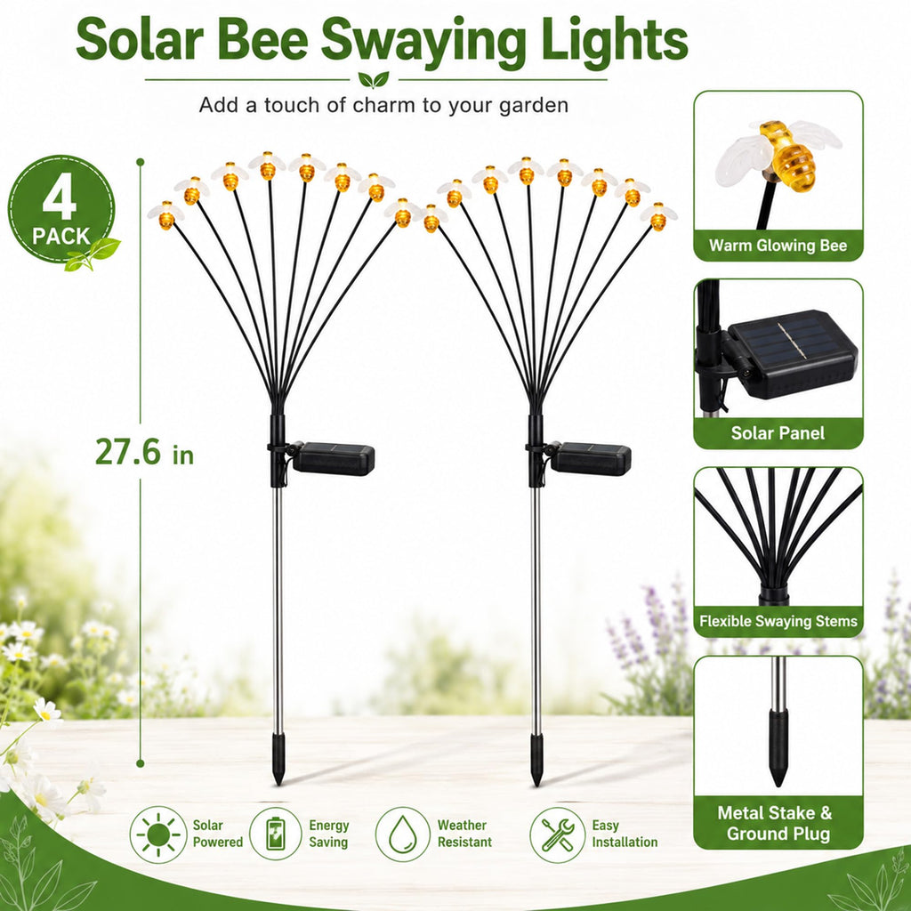 Solar Bee Garden Pathway Lights: 2 Pack 16 LED Swaying Firefly
