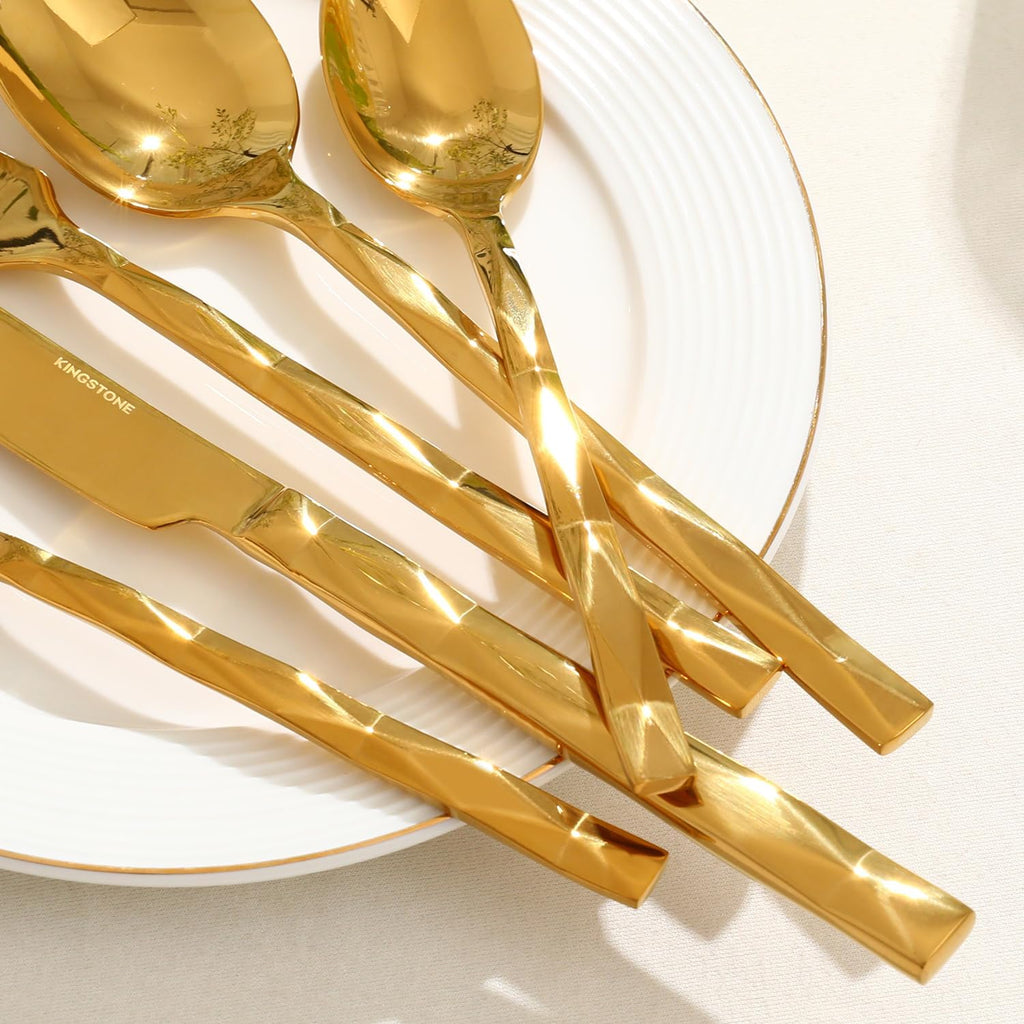 Gold Silverware Set, Luxury 60-Piece Flatware Set for 12, 18/10 Stainless Steel Cutlery Set with Diamond Cut Pattern