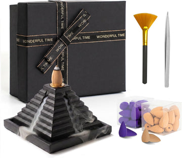 Pyramid Backflow Incense Burner Gift Set, Black Cement, 40 Cones
